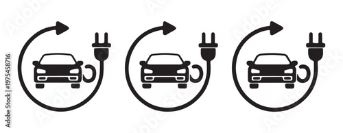 Set of three electric vehicle charging icons showing front view of car with circular arrows.