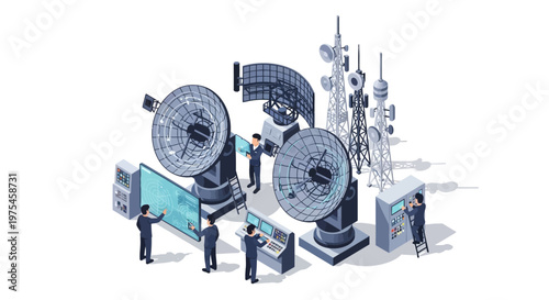Isometric 3D military installation vector illustration depicting personnel working on satellite dishes and communication towers, presented in a clear, detailed design against a plain white