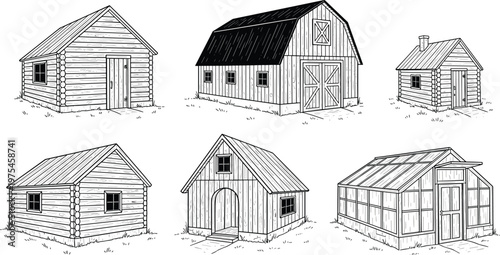 Hand drawn rustic wooden houses and barn collection with cabins farm buildings sketch style vector illustration set isolated on white background