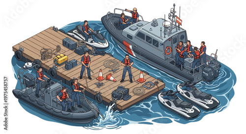 Isometric illustration showing a 3D army base concept with soldiers standing on a wooden dock near military boats and jet skis, rendered with a clean, vector style and a focus on logistical