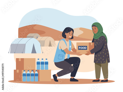Humanitarian Aid Worker Distributes Food Boxes to Refugees in Camp.