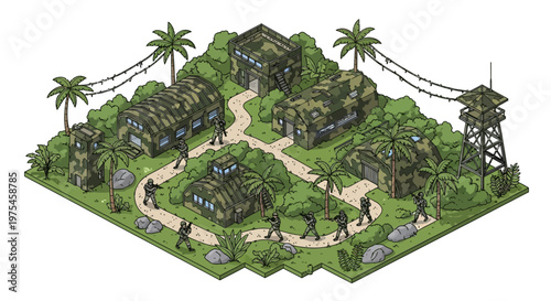 Isometric vector illustration showing a military compound with soldiers walking along a path between camouflaged buildings, guard towers, and palm trees against a white background