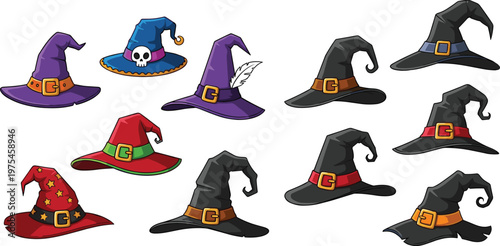 Halloween witch hat collection with colorful and black styles spooky costume accessory vector illustration set isolated on white background