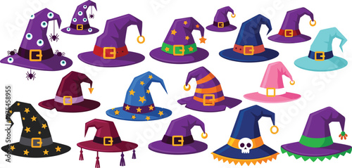 Halloween witch hat collection with different styles colors and decorations spooky costume vector illustration set isolated on white background