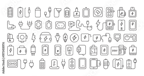 Large collection of charging related line icons including batteries, chargers, and power outlets.