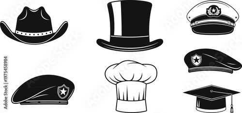 Hat icons collection, cowboy top hat chef cap military beret graduation cap, fashion uniform headwear symbols, black white vector illustration