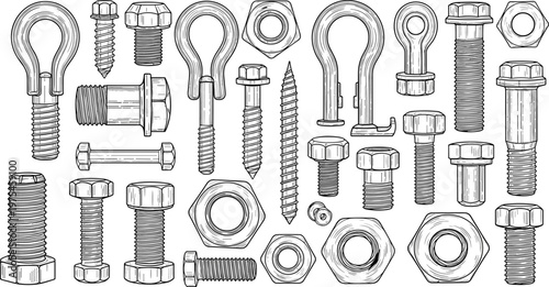 Industrial hardware sketch set, bolts nuts screws washers hooks collection, mechanical fasteners, engineering tools, construction equipment line art vector illustration
