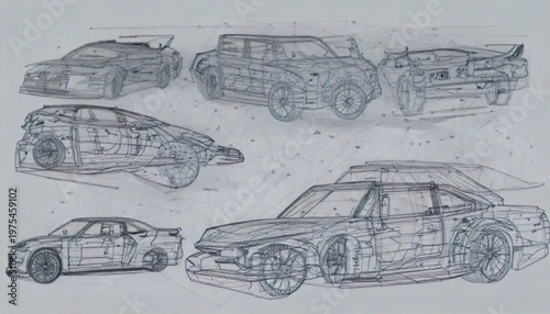 Collection of Hand Drawn Car Sketches on Paper.