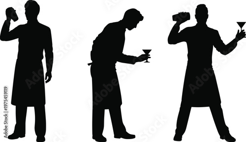 Bartender silhouettes set showing professional mixologist shaking cocktail, pouring drink, and serving martini glass in bar environment isolated on white background