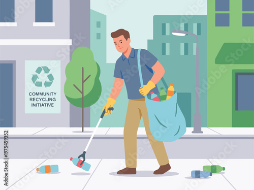 Man Cleaning Up Litter in Community Recycling Initiative.