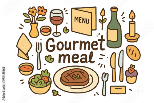 Gourmet Meal Doodle. Gourmet meal. Hand-drawn doodle illustration of gourmet meal. Plate, steak, wine glass,
