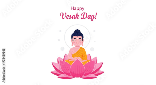 Happy vesak day greeting card featuring a meditating buddha figure sitting on a pink lotus buddhism