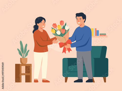 Man giving flowers to woman.