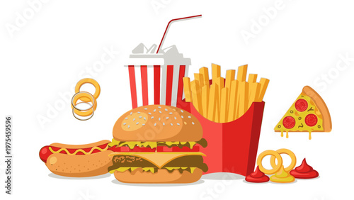 Assortment of fast food items including hot dog, hamburger, fries, pizza, soda, and pretzels on a white background.