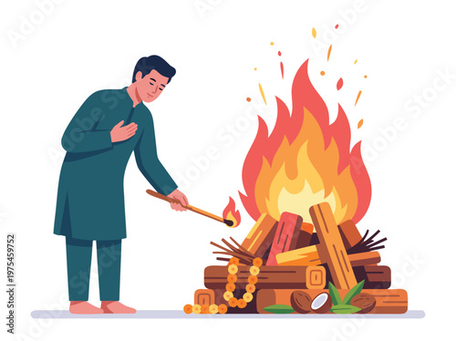 Man lighting a sacred fire for religious ceremony.