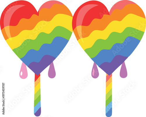 Two dripping rainbow hearts symbolize love and inclusivity