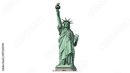The Statue of Liberty stands tall with a torch in her right hand and a tablet in her left against a plain white background.