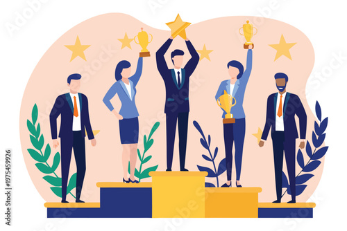 Successful team celebrates achievements with trophies and shining golden stars