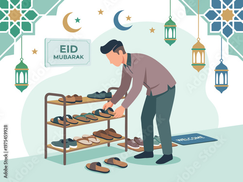 Man Organizing Shoes for Eid Celebration.