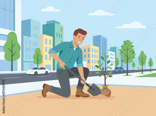 Man planting a tree in a city environment.