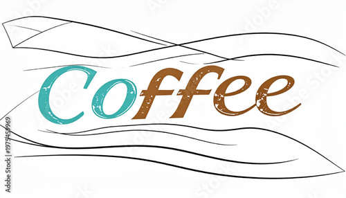 Coffee text design with artistic waves and abstract background.