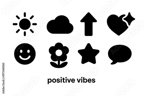 Positive Vibes Icons. Positive vibes. Filled icon set of Positive vibes: shining sun, calm cloud, uplifting