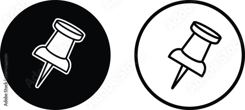 Push pin icons set, thumbtack symbol in circle outline and filled styles, office marker sign, minimal vector illustration design