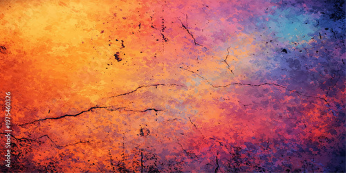 An aged vintage backdrop featuring a dirty grunge pattern of rusty metal with orange and yellow paint textures creating a fire and smoke design on a weathered brown canvas wall