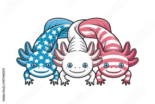 Three adorable axolotls are illustrated with patriotic american designs including stars and stripes on transparent background high-quality professional detailed modern elegant.