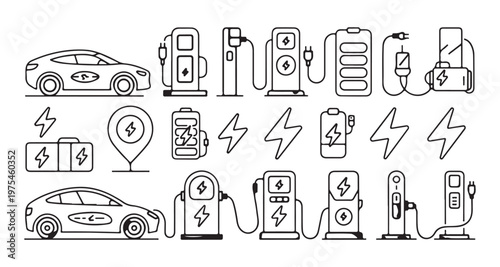 Electric car charging station vector line art icon set, showing cars, phones, and various chargers.
