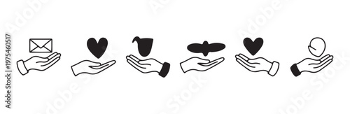 Set of black hand icons holding various charity and communication symbols on white background