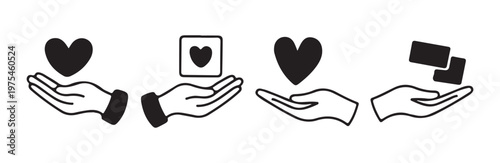 Set of black hand icons with heart and card symbols for donation and nonprofit organization
