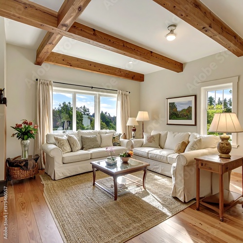 Cozy living room with light couches, wood beams, and large windows