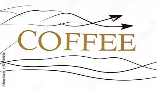 Coffee word art with arrows and abstract lines on white background.