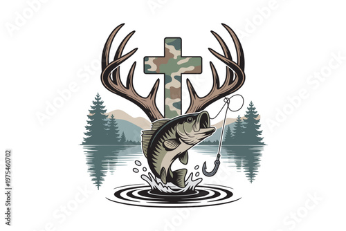 A detailed illustration features a cross formed from deer antlers overlaid with camouflage and a fish caught on a hook on transparent background.