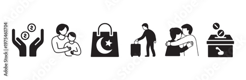 Simple icons representing charity fundraising family affection departure safe journey religious giving and embrace