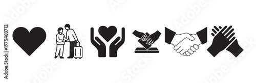 Basic line vector icons for love support travel assistance group interaction voting and partnership symbols