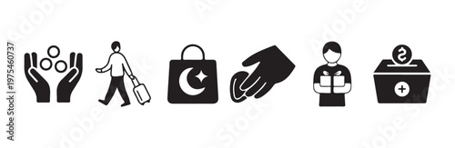 Collection of solid icons showing aid donation travel religious donation helping gifting and community service actions