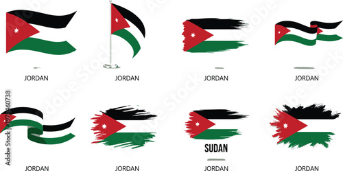 Jordan flag collection with different styles brush stroke waving banner and ribbon shapes national country vector illustration set isolated on white background