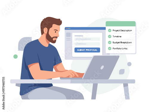 Man working on laptop with project management interface.