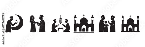 Islamic culture silhouettes for ramadan celebration mosque prayer and family religious event