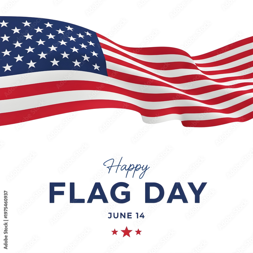 Fototapeta premium American flag waving on flag day june 14th with patriotic text and stars on white background