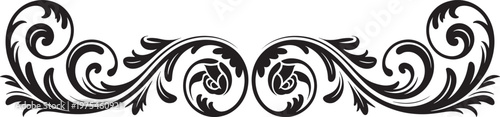 Symmetrical black silhouette decorative flourish with curled leaves and petal shapes forming an elaborate vintage ornamental divider