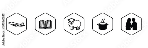 Travel and lifestyle icons including airplane book sheep cooking pot and couple characters
