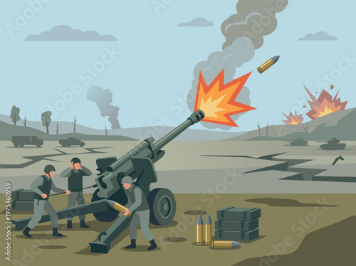 Military artillery firing a projectile during a battle scene with explosions in the background.