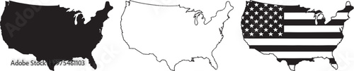 Three Black and White Representations of the United States Map Including a Solid Silhouette an Outline and an American Flag Infill
