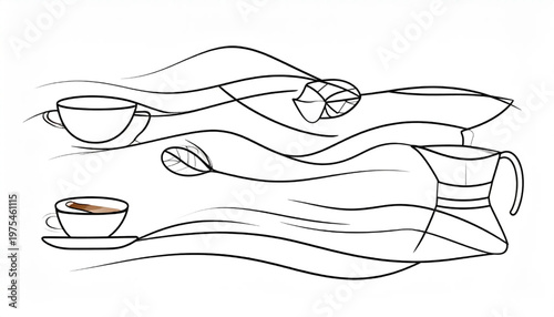 Coffee-themed line art illustration with cups, beans, and a coffee maker.