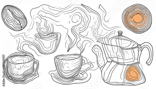 Coffee-themed illustration featuring coffee beans, cups, and a coffee maker.
