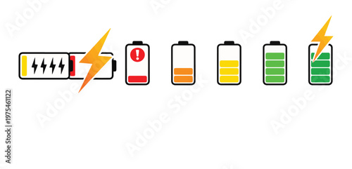 Battery charge status indicator icon set with various levels and warning symbol.