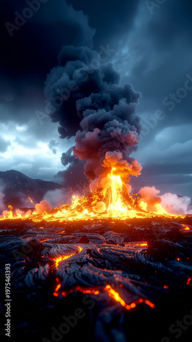 Dramatic Volcanic Eruption with Lava Flow and Dark Smoke.